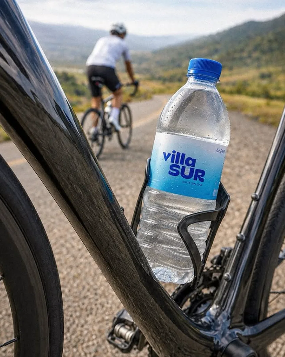 Botella Villa Sur en la caramañola de una bicicleta de ruta