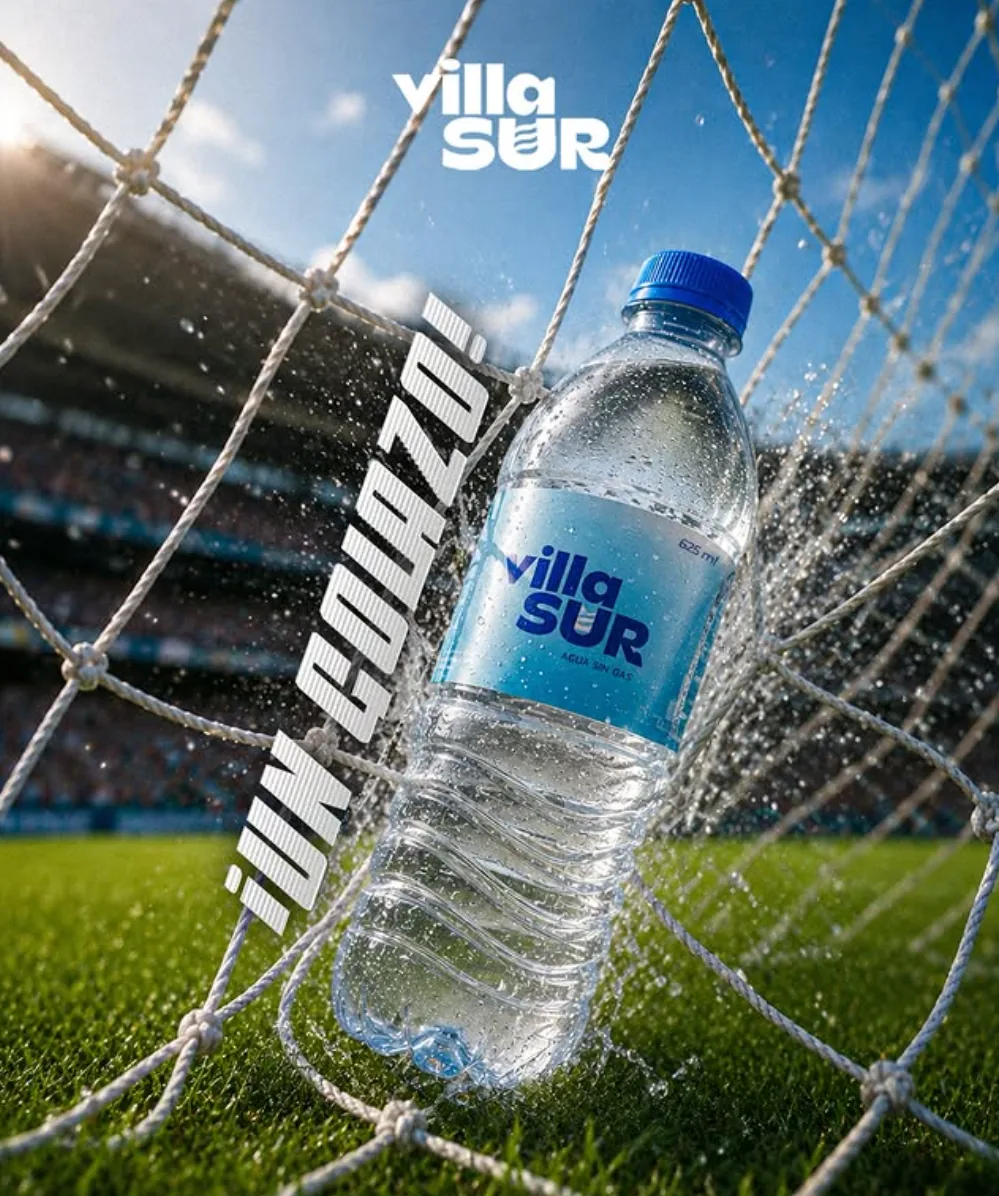 Botella Villa Sur en el arco de una cancha de fútbol