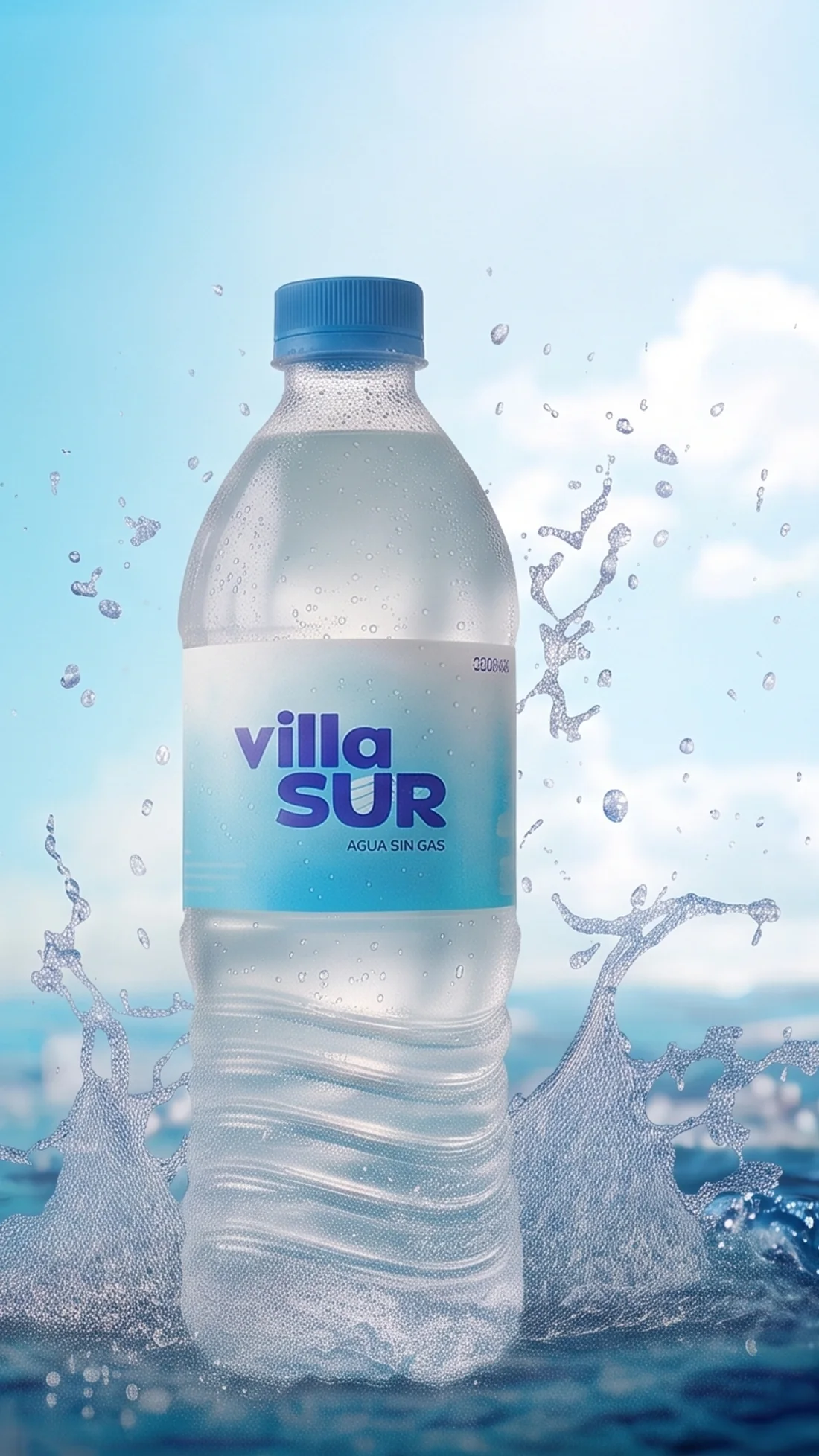 Botella Villa Sur de 625 ml emergiendo del mar con un salpicón de agua